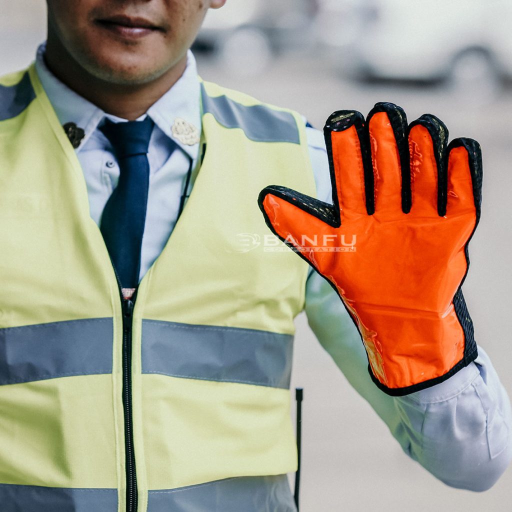 gloves orange w person